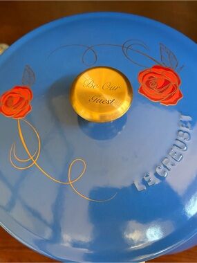 Le Creuset Blue Enameled Lid with Red Rose Accents and Gold Knob